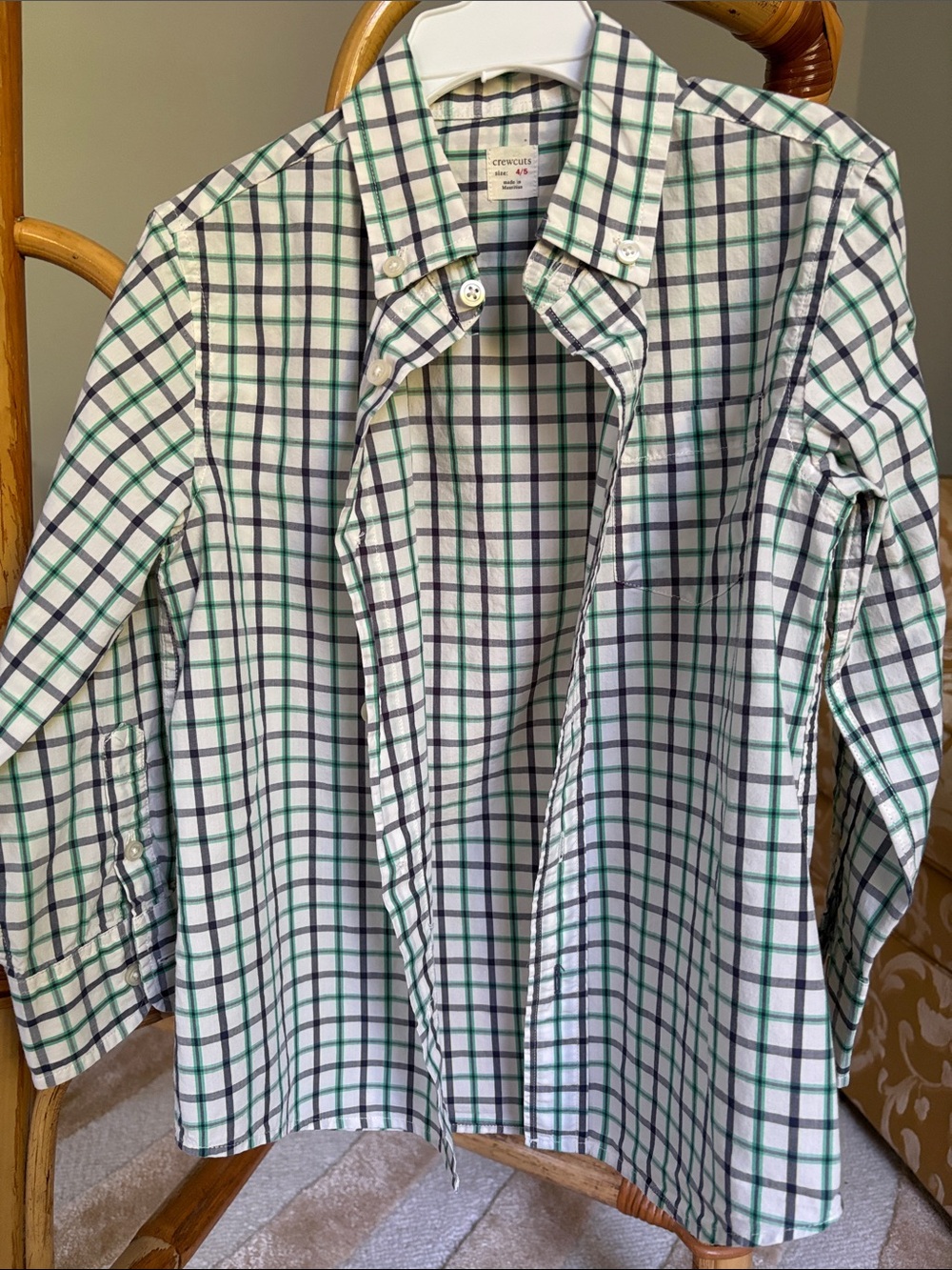 Crewcuts White Button-Down Shirt with Green and Navy Plaid